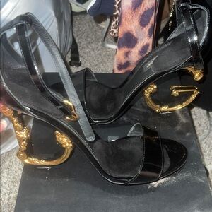 Dolce & Gabbana Black Patent Heels with Gold Sculpted Accents
